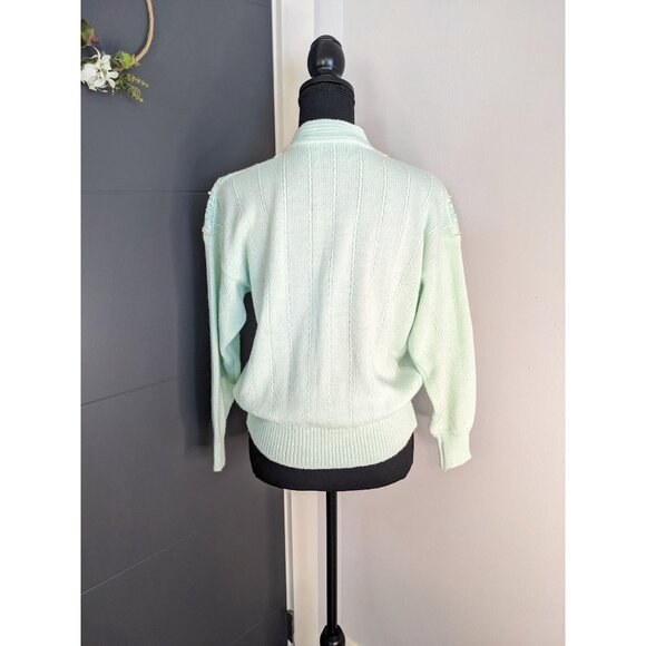 Women's Mint/Sea Foam Ribbed Sweater with Lace and Pearl Details - Picture 3 of 7